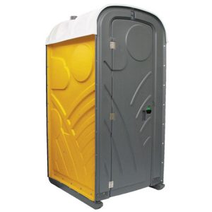 Mobile Toilette mit gelber Seitenwand und grauer Tür mit rundem Fenster und grünem Griff