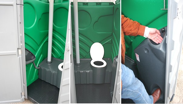 Dreiteilige Collage mit Innenansichten eines grünen mobilen Toilettencontainers, der eine weiße Toilettenschüssel, zwei weiße Rohre und eine Person mit orangefarbener Jacke zeigt, die an einem schwarzen Spender hantiert