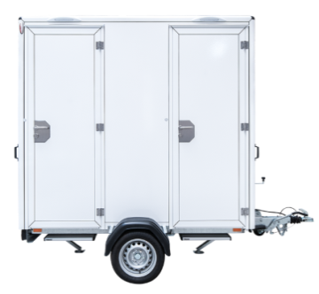 Weißer Anhänger mit zwei Türen und einem Rad, seitlich und von vorne sichtbar